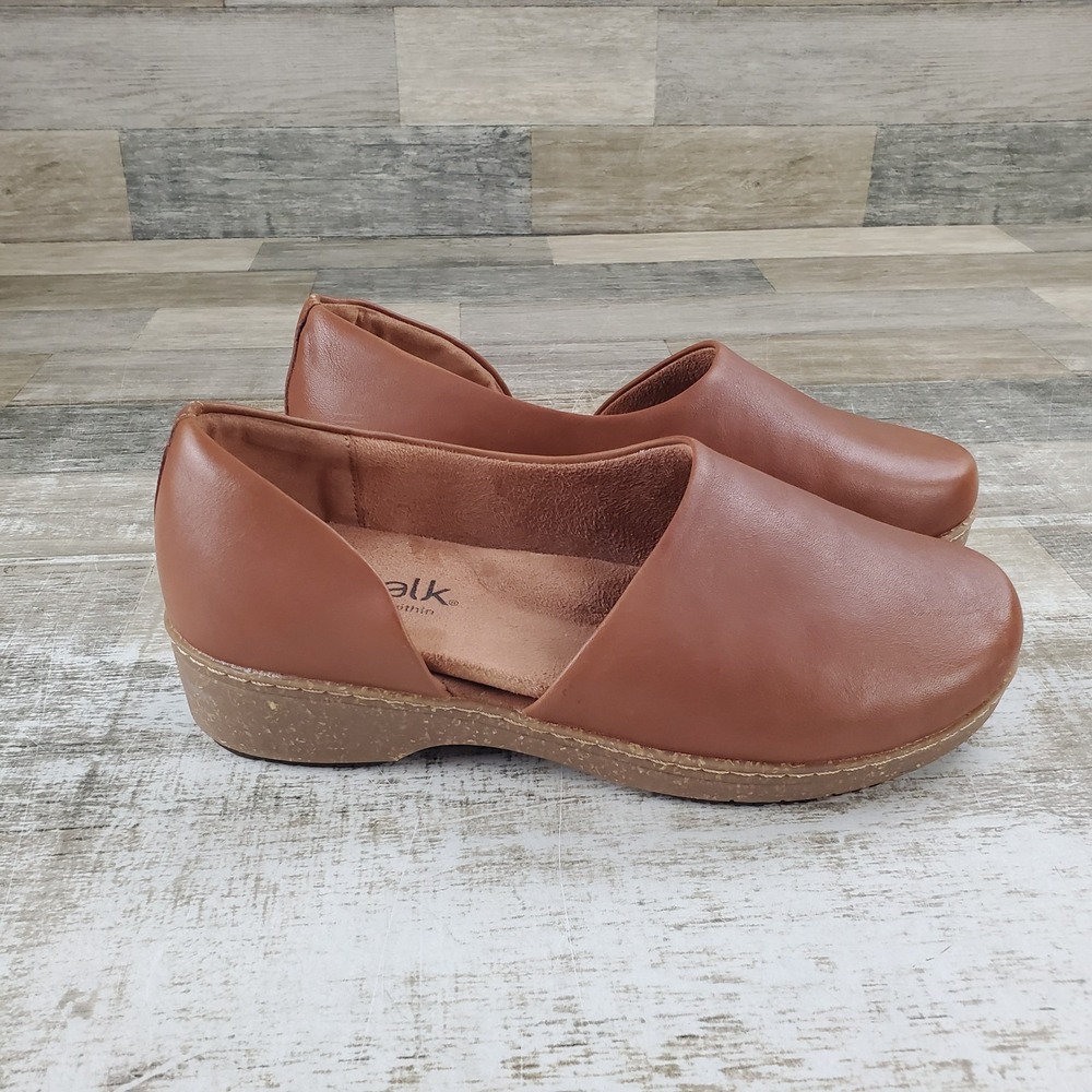 SoftWalk Addie Womens Clog Sz 10 Comfort Cognac Asymmetric Leather Upper Slip On